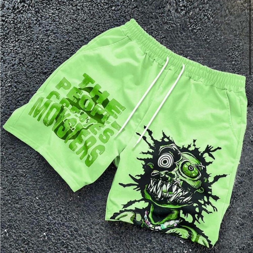 Manfinity • Mens Trendy Green Zombie Graphic Cartoon Track Drawstring Shorts